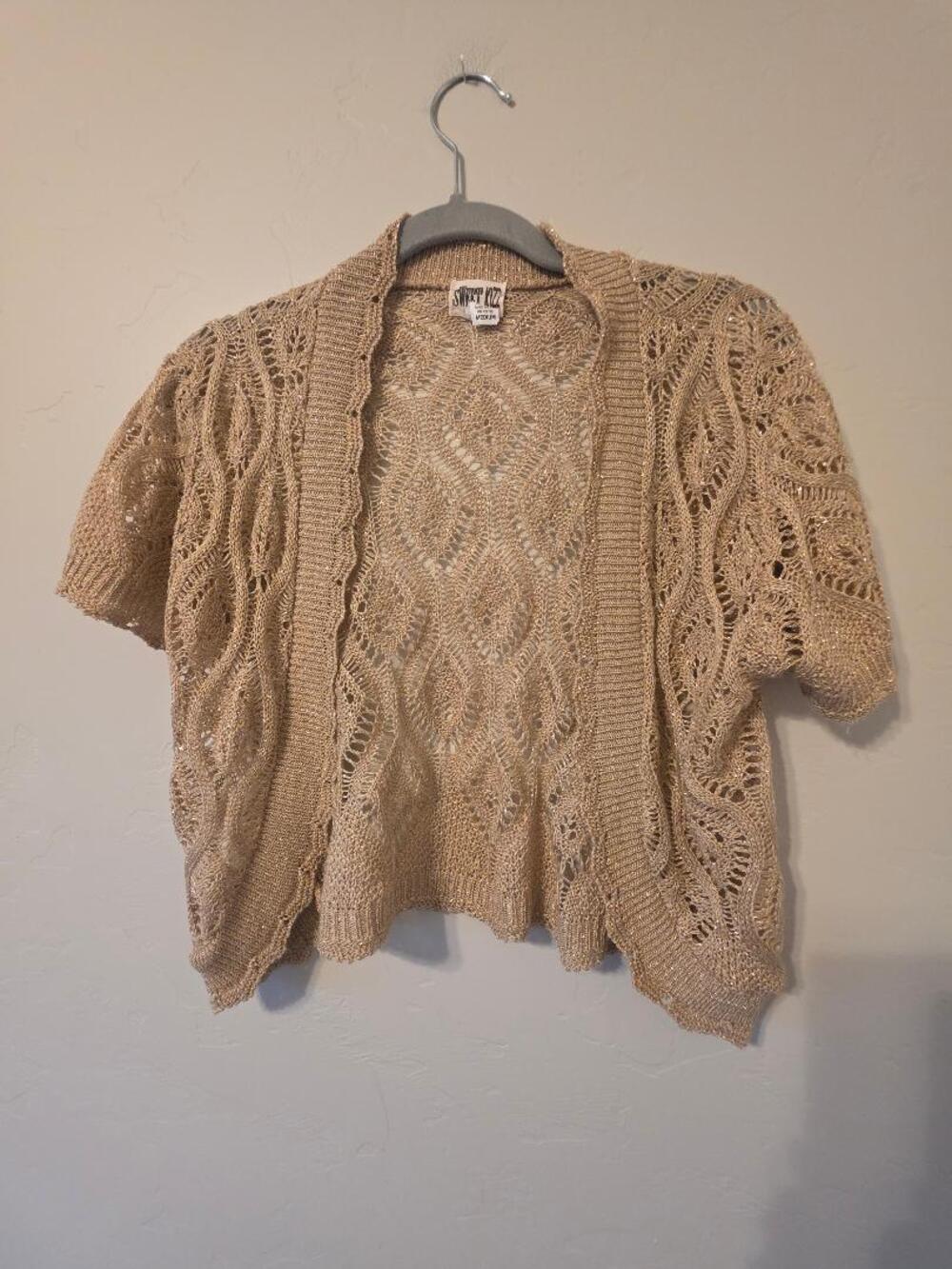 Vintage Sweet Kizz Gold Metallic Crochet Bolero Shrug M